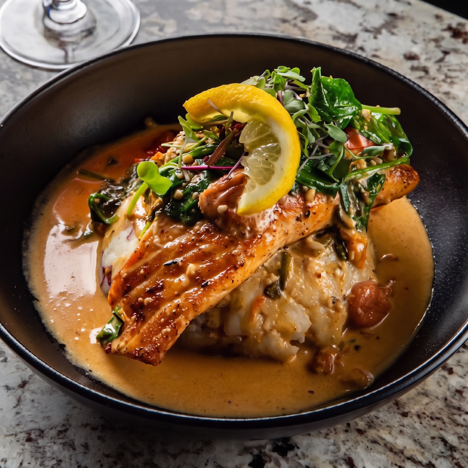 Seared salmon fillet with creamy sauce, vegetables, microgreens, pine nuts, and lemon garnish in a black bowl.