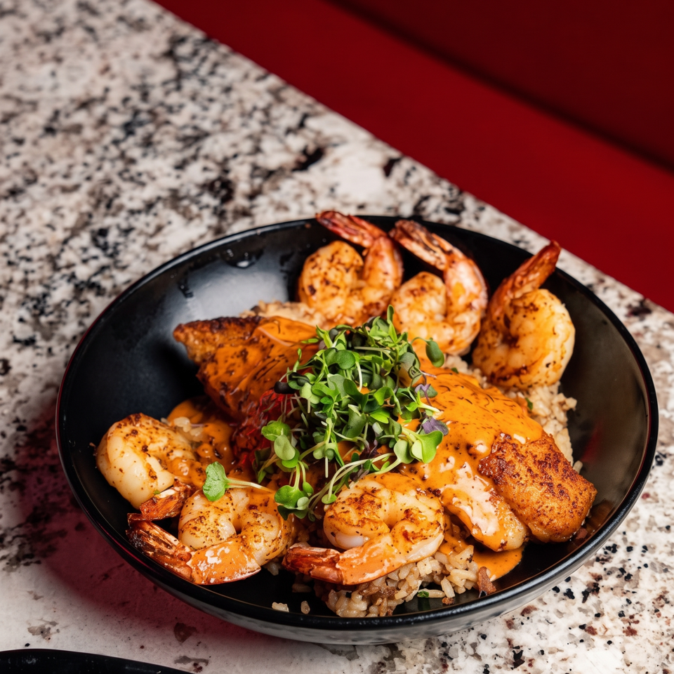 Black bowl of grilled shrimp, salmon, rice, roasted potatoes, creamy sauce, and microgreens on a speckled countertop.