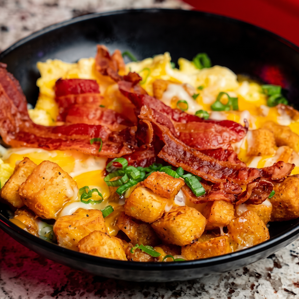 Loaded breakfast bowl with scrambled eggs, bacon, sausage, crispy potatoes, cheese, and green onions in a black dish.