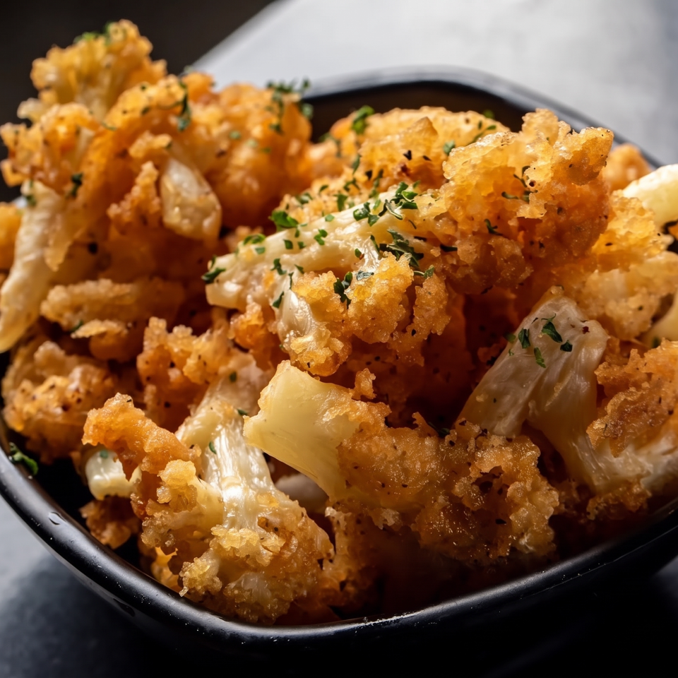 Crispy golden fried seafood pieces garnished with herbs, served in a black bowl on a dark tabletop.