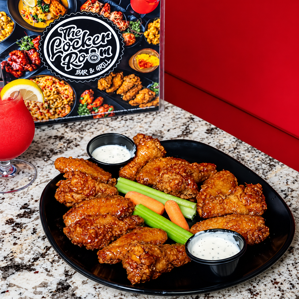 Glazed fried chicken wings with ranch dip, celery and carrots on a black platter beside a red cocktail and Cooker Room Bar & Grill menu.