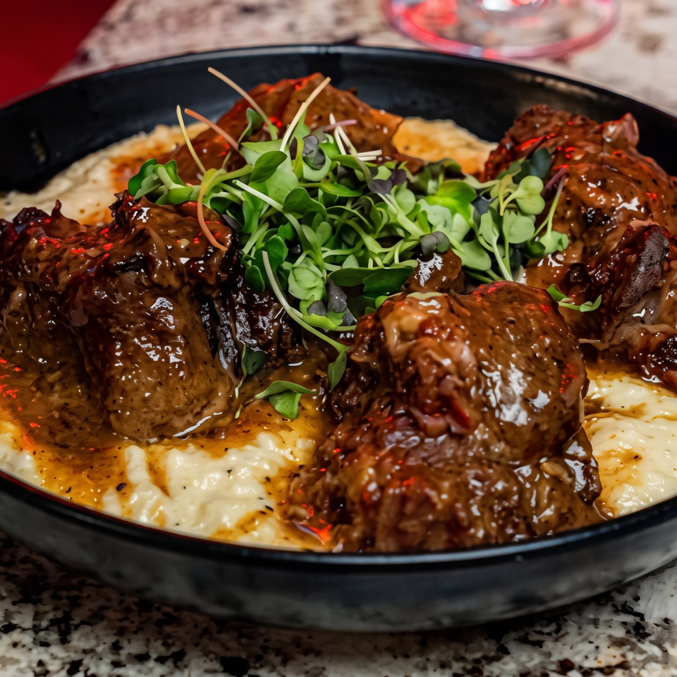 Glazed meatballs with microgreens and creamy mashed potatoes served in a black bowl on a speckled countertop.