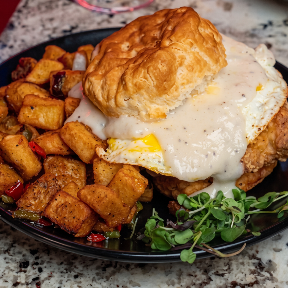 Chicken and waffles topped with a fried egg and peppered gravy, served with seasoned potatoes and microgreens on a black plate.