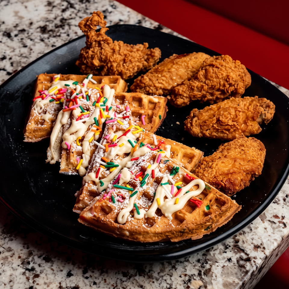 Black plate of powdered-sugar waffles with vanilla drizzle and rainbow sprinkles, paired with crispy fried chicken.