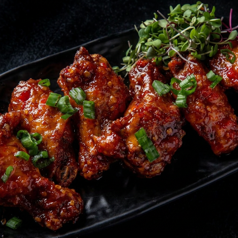 Glazed spicy chicken wings garnished with chopped green onions and microgreens on a black platter.