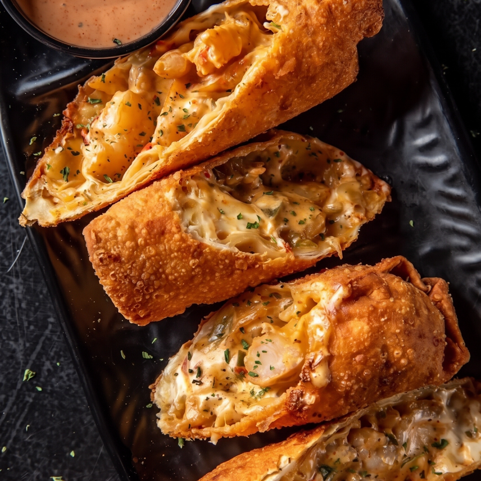 Crispy stuffed tortilla wedges with melted cheese and savory filling, served on a black plate with creamy dipping sauce.